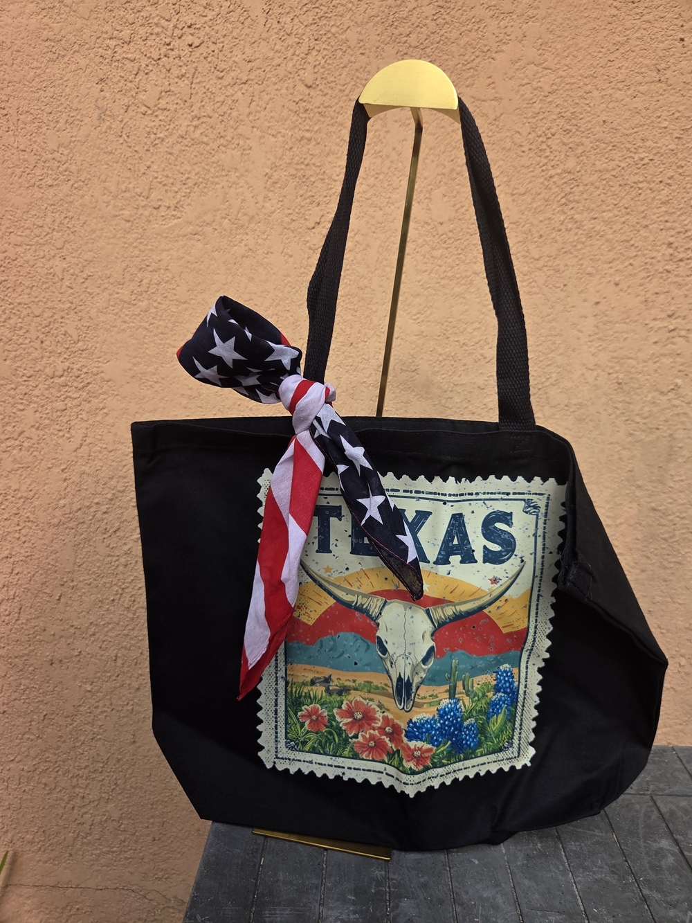 Black Texas Graphic Canvas Tote Bag with American Flag Scarf